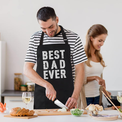 BBQ Funny Apron for Men - Best Dad Ever - Chef Bib Apron with 2 Pockets, Adjustable Neck Strap and 40" Long Ties - Best for Kitchen Cooking, Grill...