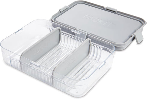 PackIt Mod Lunch Bento Food Storage Container, Steel Gray, Shatterproof Crystal Clear Base, with Leak-resistant Dividers and Lid, Microwavable, Di...
