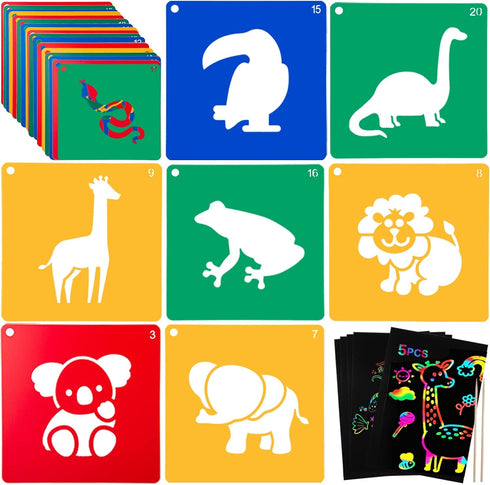 20 PCS Animal Stencils for Kids, 8 x 8 Inch ViikiFain Sidewalk Chalk Stencils Colorful Drawing Stencils with 5 Pcs Scratch Paper Reusable DIY Craf...