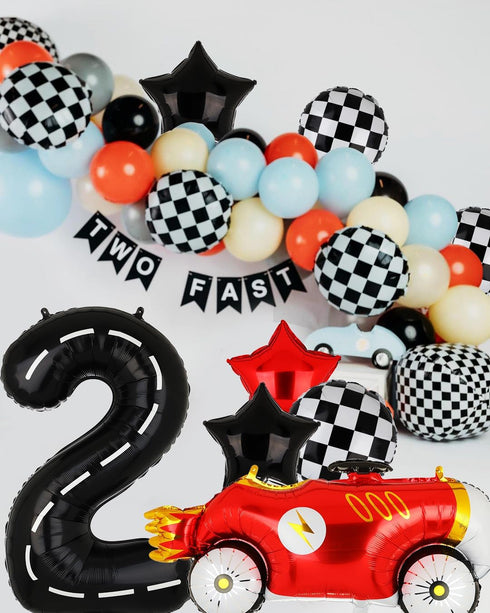 Race Car Birthday Balloons 40 Inch Racetrack Number Balloon 2 Black Boys Two Fast Birthday Race Car Theme Party Decor Supplies 5 Pcs Mylar Balloon...
