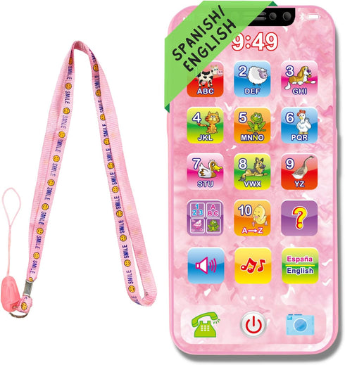 Baby Phone Toy English & Spanish Learning for Toddlers 1 2 3 Years Old, Learn Spanish ABC Numbers Animal Sounds, Interactive Bilingual Cellphone T...