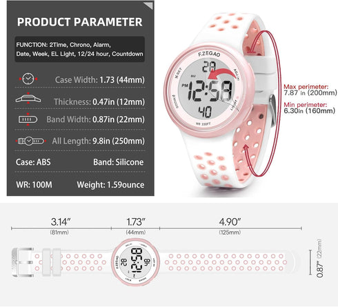 Digital Watch Womens Mens, 100M Waterproof Watch for Swimming Soft Double Injected Silicone Band, Unisex Sport Watches with Stopwatch Alarm Countd...