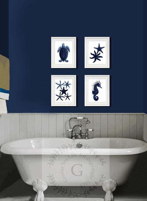 Gnosis Picture Archive Dark Navy Blue Beach Wall Decor Set of 4 Unframed Seahorse Starfish Beach Bathroom Art Prints...
