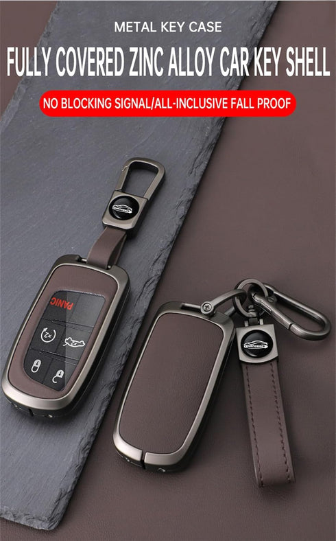 ontto Car Key Fob Cover Fit for Jeep Grand Cherokee Key Remote Metal Frame and Leather Key Shell Full Protector Fit for Dodge Challenger Charger D...