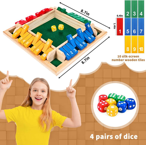 1-4 Players Shut The Box Dice Game, 10 Numbers Traditional Wooden Pub Bar Board Family Table Mat Game Dice for Kids and Adults...
