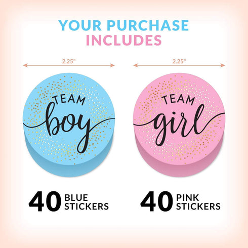 2.25” Gender Reveal Stickers for Party Invitations and Voting Games (80 Count) - Team Boy and Team Girl Labels with Gold Foil for Reveal Parties a...