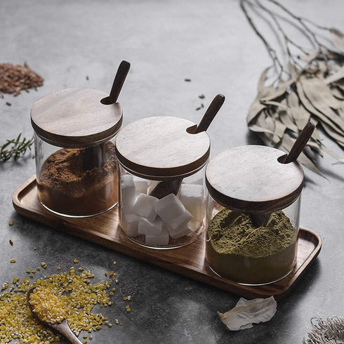Hovico Condiment Container Seasoning Box Set, with Wooden Spoon Lid and Base, Salt Sugar Spice Pepper Condiment Container Jar Set of 3...
