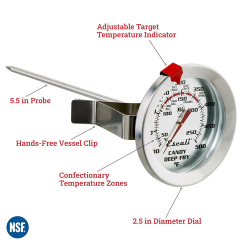 Escali AHC1 Stainless Steel Deep Frying and Candy Thermometer with Pot Clip, 5-Inch Probe with Candy Temperature Zones, NSF Certified...