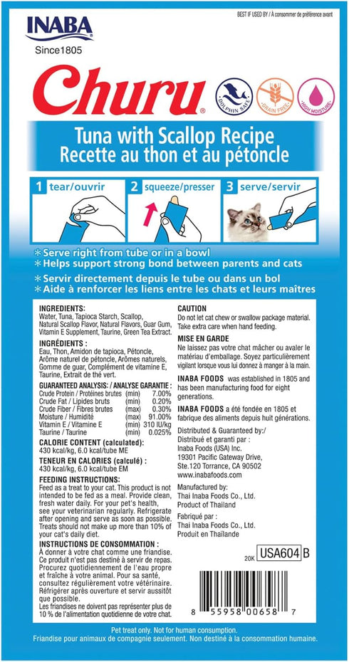 INABA Churu Cat Treats, Grain-Free, Lickable, Squeezable Creamy Purée Cat Treat/Topper with Vitamin E & Taurine, 0.5 Ounces Each Tube, 24 Tubes (4...