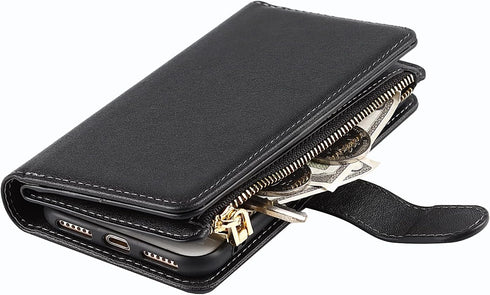 Jaorty Wallet Case Compatible with iPhone 7/8/iPhone SE 2nd 2020, 9 Card Slots, Wrist Strap, Stand Feature, Zipper Cash Pocket, Magnetic Leather C...