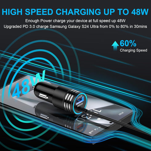 Samsung Car Charger 48W Super Fast USB C Android Car Phone Charger Adapter Cigarette Lighter Charger with Type C Cable Fast Charging for Samsung G...