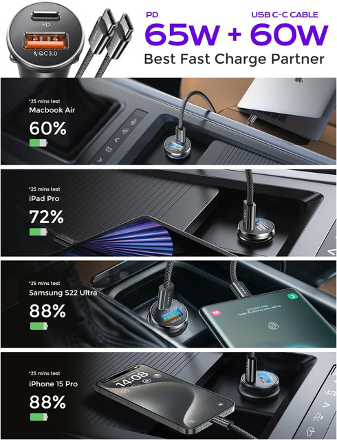 LISEN 95W USB C Car Charger Fast Charging PD65W Super Fast Charging Car Phone Charger Adapter Type C All Metal Cigarette Lighter USB Charger Adapt...
