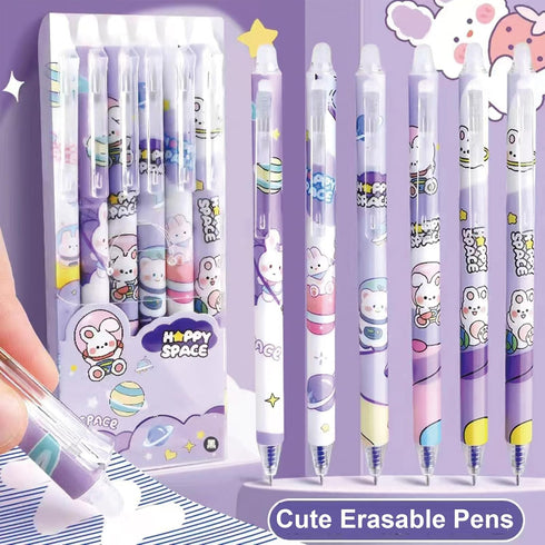 6 Pcs Erasable Retractable Pens Erasable Gel Ink Pens Cartoon Rabbit Erasable Soft Grip Pens 0.5mm Blue Ink Writing Pen School Pens Office Supplie...