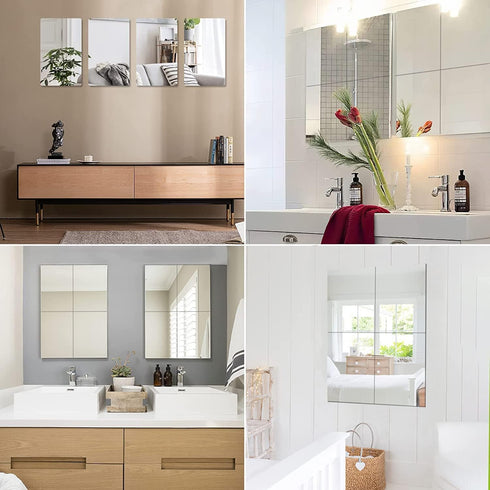 JUNEBRUSHS 4 Pack Self Adhesive Acrylic Mirror, 8 x 8 Inch Mirror Tiles,Flexible Plastic Mirror Sheets Wall Stickers,2MM Thick Mirrors...