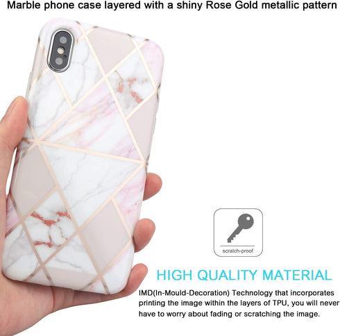 JAHOLAN Compatible iPhone X Case iPhone Xs Shiny Rose Gold Geometric Marble Design Clear Bumper Glossy TPU Soft Rubber Silicone Cover Phone Case -...