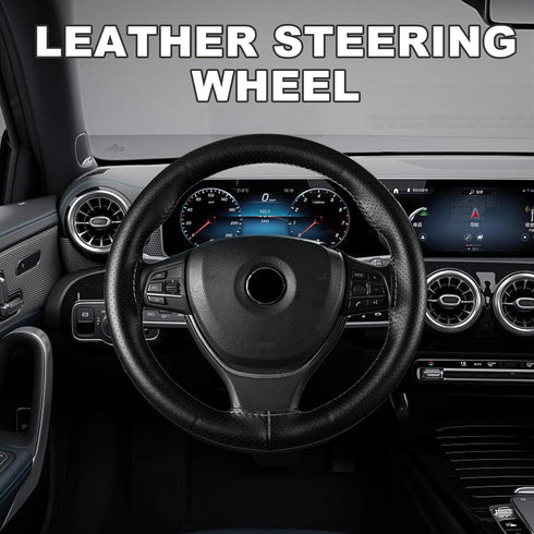 Leather Steering Wheel Cover, Stitch On Wrap, Breathable Anti-Slip Car Steering Wheel Protector for Max Diameter 15'', DIY Sewing with Needle Thre...