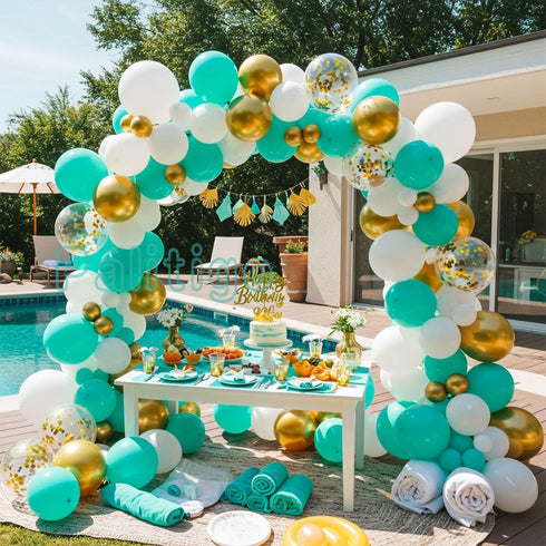 Teal Balloon Garland Kit with Gold Butterflies – Turquoise, Blue and Green, White & Gold Balloons in 18", 12", 5" Sizes – for Graduation, Baby Sho...