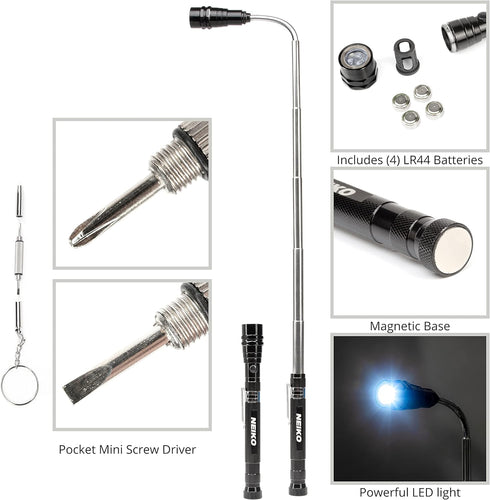 NEIKO 20736A (6) Piece Set, Magnetic Tool & Telescoping Mirror Set, Adjustable Telescoping Magnetic Pickup Tool, Flashlight 15lb Retriever Tool, 3...