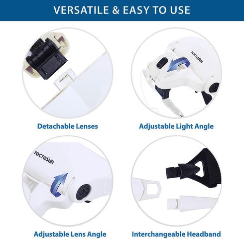 YOCTOSUN Head Mount Magnifier with 2 Led Professional Jeweler's Loupe Light Bracket and Headband are Interchangeable...