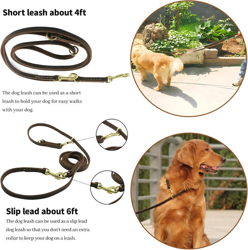 Leather Dog Leash - 8FT Multi Function Genuine Leather Leash for Dogs, Hands Free Dog Training Leash, Adjustable Slip Lead Dog Leash for Small, Me...