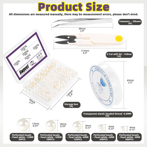 Swpeet 800Pcs 5 Sizes 4mm 6mm 8mm 10mm 12mm White Perforated Pearl Beads and Scissors Tweezers with 0.8mm Elastic Bead Thread Assortment Kit, Craf...