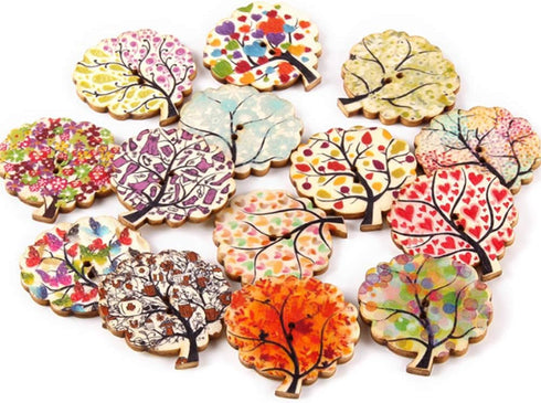 AKOAK 50 Pcs Natural Wood Decorative Button 2-Hole Retro Cute Little Tree Heart Flower Painted Button for DIY Crafts Scrapbook Sewing Craft Decora...