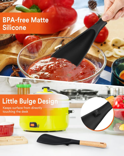 Cooking Spoon for Nonstick Cookwares, Great for Cooking and Serving Durable BPA-Free Matte Silicone, Wood Handle Spoon for Mixing, Scoop, and Scra...