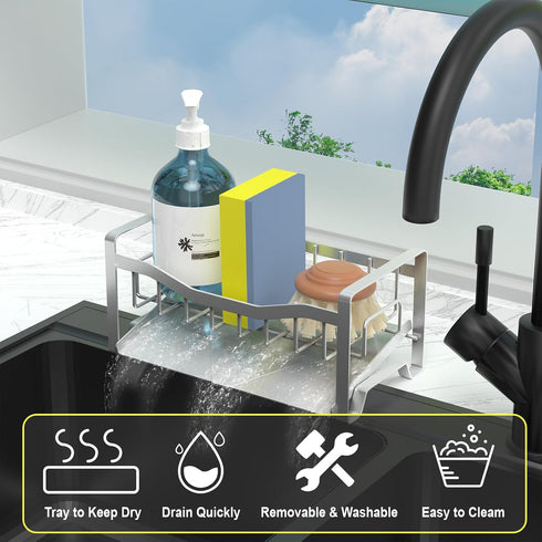 Kitchen Sink Caddy Organizer Sponge Holder for Kitchen Sink with Stainless Steel Auto Drain Tray, Self Drain Dish Soap Sponge Caddy Rack for Kitch...