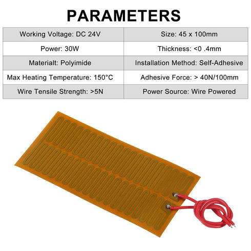 15pcs 45mmx100mm Film Heater Plate Adhesive Pad, PI Heating Elements Film 24V 30W Strip Heater Adhesive Polyimide Heater Plate (24V 30W 45mmx100mm...