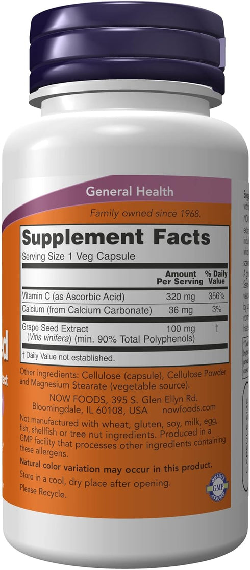 NOW Supplements, Grape Seed 100 mg - Standardized Extract, Highly Concentrated Extract with a Minimum of 90% Polyphenols, with Vitamin C, 100 Veg ...