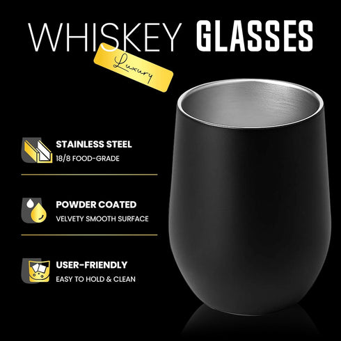 Double-Wall Insulated Whiskey Glass - 12 oz Stemless Nosing Stainless Steel Whisky Glass - Perfect for Bourbon and Whisky Lovers (Black - Pack of ...
