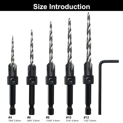 Countersink Drill Bit Set, 5Pcs Tapered Drill Bits M2 HSS, with 1/4" Hex Shank Quick Change and Allen Wrench, Counter Sinker Set for Woodworking a...