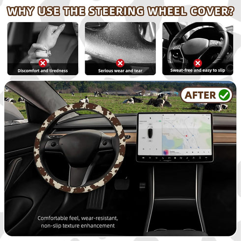 SuperKaKa Brown Cow Print Steering Wheel Cover,Cute Auto Anti-Slip Breathable Cow-Pattern Covers Protector Universal Car Interior Accessories for ...