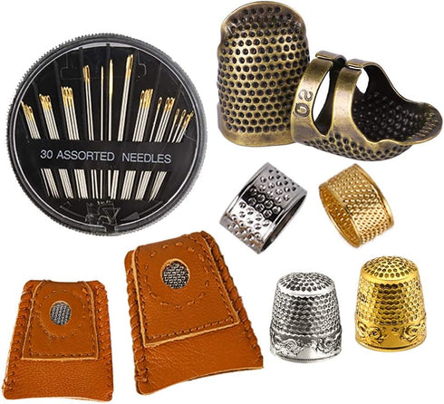 8 Pcs Thimble + 30 Pcs Sewing Needles, Finger Protector Fingertip Adjustable Metal Bronze Rings and Leather Coin Thimble for Needlework, Hand Embr...
