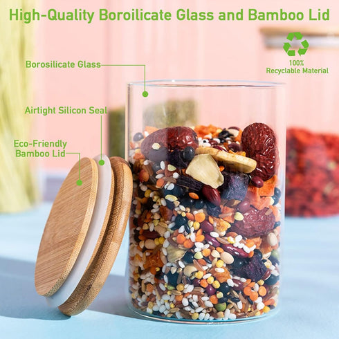 4 Pack Glass Storage Jars with Airtight Bamboo Lid, 27 OZ Glass Kitchen Canisters, Clear Container for Coffee Bean Storage, Dry Goods, Cookie, Can...