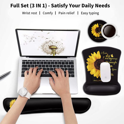Keyboard Wrist Rest and Mouse Pad Wrist Support Set,Bible Verse Philippians 4:13 Sunflower Ergonomic Gel Mouse Pad,Easy Typing Pain Relief, Memory...