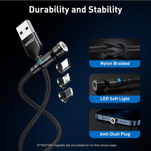 Magnetic Charging Cable 5-Pack (1.6/3.3/3.3/6.6/6.6FT), 540° Rotating Magnetic Phone Charger Cable with LED Light for Micro USB, USB C and i-Produ...