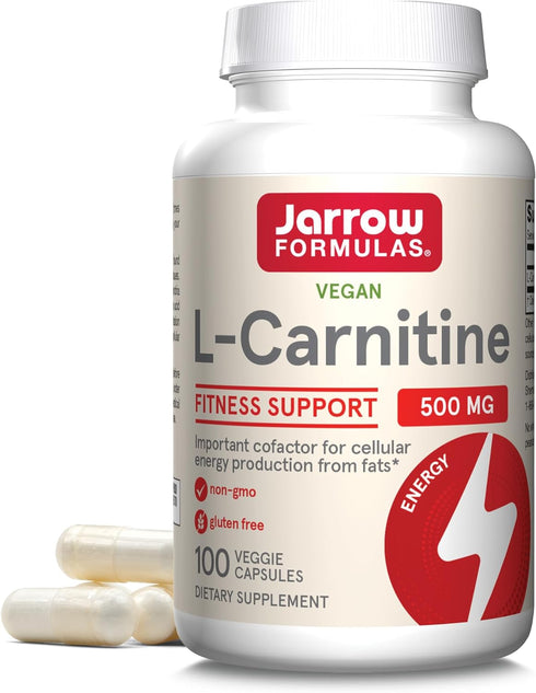 Jarrow Formulas L-Carnitine 500 mg, Dietary Supplement, Support for Cellular Energy Production, 100 Veggie Capsules, 100 Day Supply...