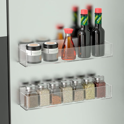 VAEHOLD Adhesive Acrylic Spice Rack with Nano Double Sided Tape Wall Mount Organizer Clear Wall Spice Rack With Shelf Ends for Kitchen Cabinet Doo...