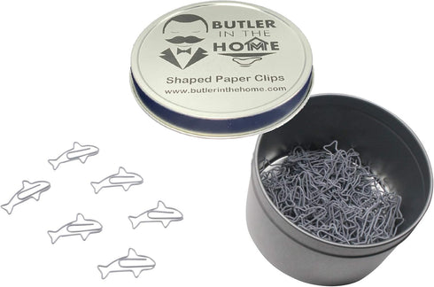 100 Count Shark Shaped Paper Clips Great for Paper Clip Collectors or Office Gift - Comes in Round Tin with Lid and Gift Box (Gray)...