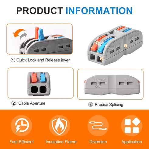 Wire Connectors Nuts,50pcs 2 Conductor Compact Splicing Wire Connectors, 2 in 2 Out Lever Wire Nut Electrical Connectors, 2 Circuit Inline Splices...