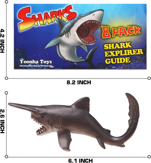 Yeonha Toys 8 Pack Shark Toys with Educational Booklet, Soft Plastic Realistic Shark Figure Set for Kid, Ocean Sea Animal Party Favor, Pool Bath T...