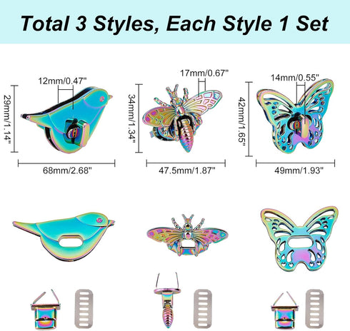 WADORN 3 Sets Purse Twist Lock Clasp, Rainbow Turn Lock Clip Hardware Purse Clutch Closure Metal Handbag Twist Lock Fastener Butterfly/Bee/Bird Sh...