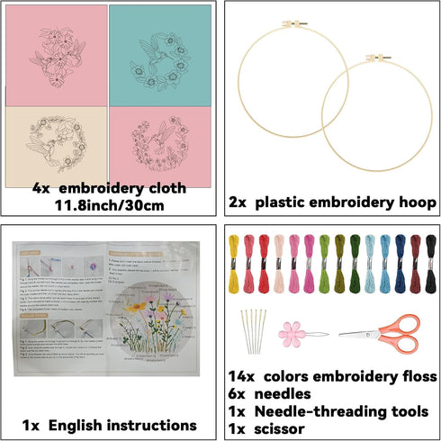 ORIGACH 4 Pack Flowers and Hummingbird Embroidery Kits for Beginners, DIY Starter Hand Embroidery Kit with Floral and Birds Patterns and Instructi...