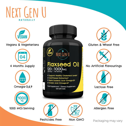 Next Gen U Flaxseed Oil w/Omega 3, 6, 9, Cold Pressed Dietary Health Food Supplement 1000 mg 120 Vegan Softgels...