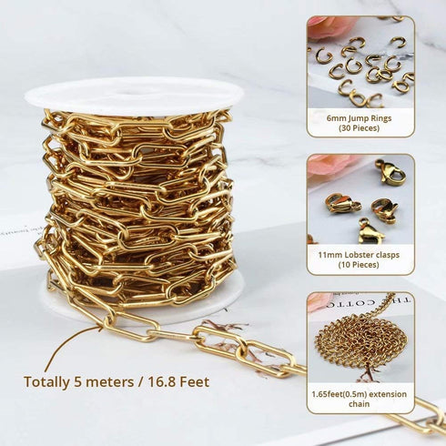 16.4 Feet (7mmX17mm) 18K Gold Plated Stainless Steel Chain Oval Paperclip Link Chains Bulk with Jump Rings Lobster Clasps Extender Chain for DIY J...
