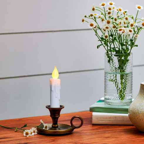 CVHOMEDECO. Flickering Taper Candles LED Drip Flameless Candles, Battery Operated with Timer, White, 4-3/4 Inch, Set of 3...