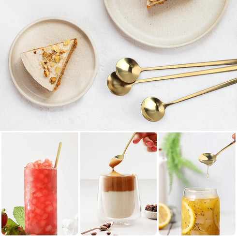 8PCS Coffee Spoons 6.7 Inches Round Stainless Steel Espresso Spoon, Gold Long Handle Stirring Tea Spoons, Coffee Bar Accessories for Dessert Cake ...