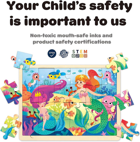 Wooden Puzzles for Kids Ages 3-5, 24 Piece Puzzle for 3 Year Old Little Mermaid, Preschool Toddler Puzzles for 3 4 5 Year Old with Picture Underne...