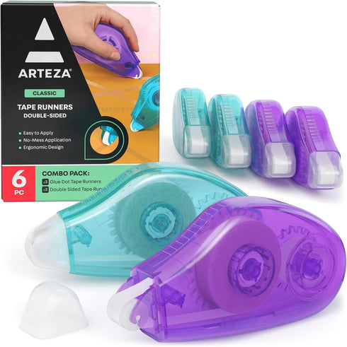 Arteza Double-Sided Tape Runner, Pack of 6, 0.31 Inches x 22 Feet, 3 Glue-Dot and 3 Smooth Adhesive Tape Runners, Craft Supplies for Scrapbooking,...